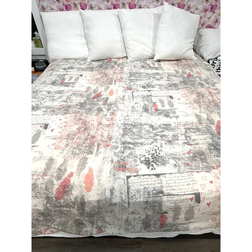 Organic Cotton Under The Canopy Boho Love Script Duvet King Coral Feathers Cover